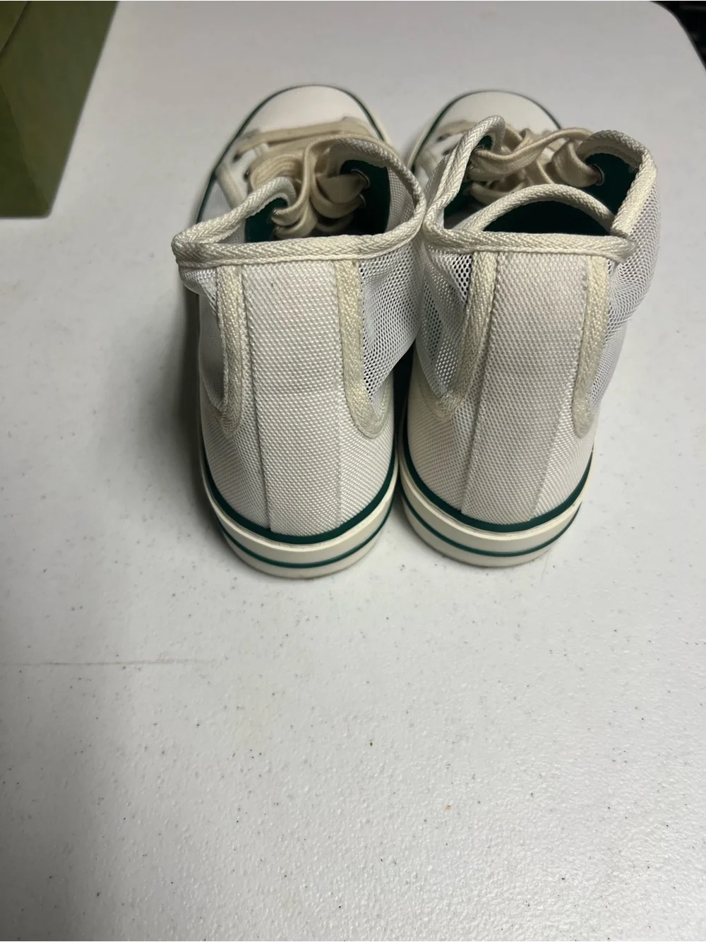 Gucci Men’s Cream High-Top Sneakers with Green & Red Web Stripe